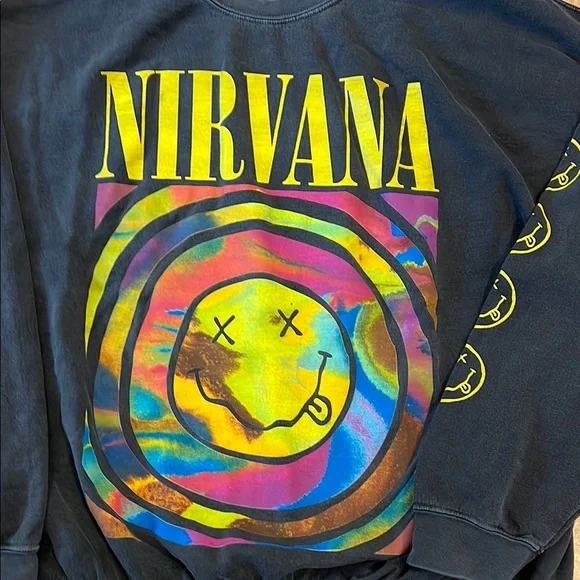 NIRVANA Black and Yellow Crewneck Sweater with Bold Smiley - Picture 2 of 6